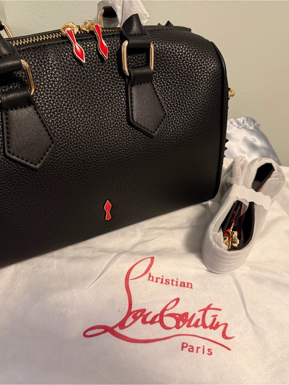 Christian Louboutin Black Leather Satchel with Red Trim